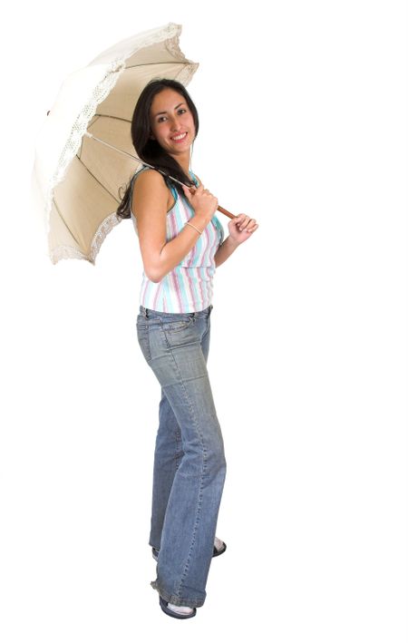 casual girl holding an umbrella over white