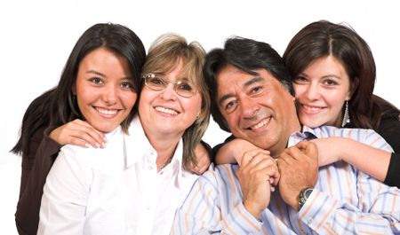 beautiful latin american family over white