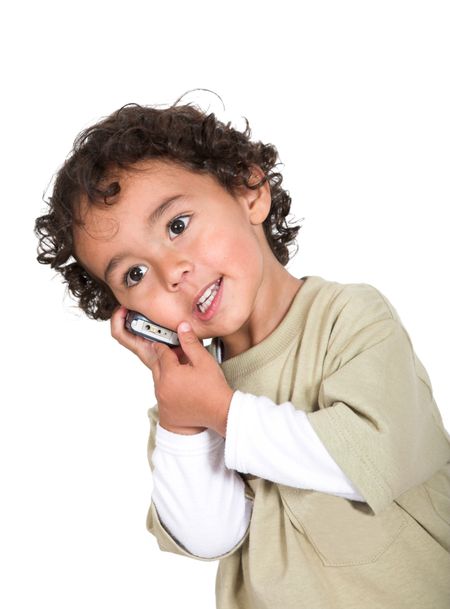 little boy on a cellphone over white