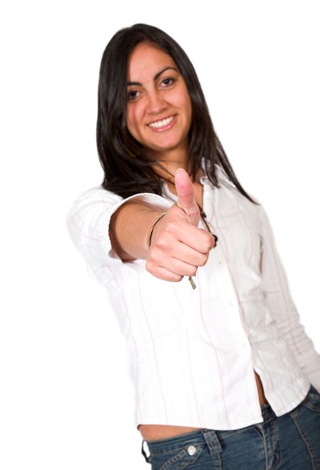 beautiful girl with thumbs up over white