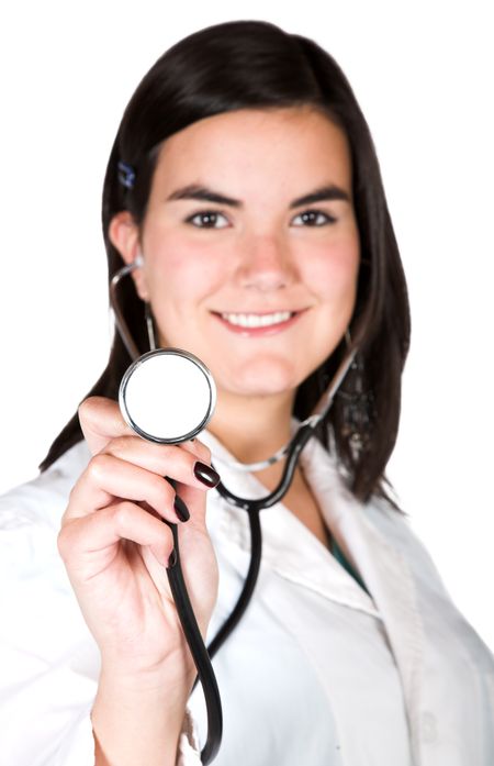 friendly female doctor over white