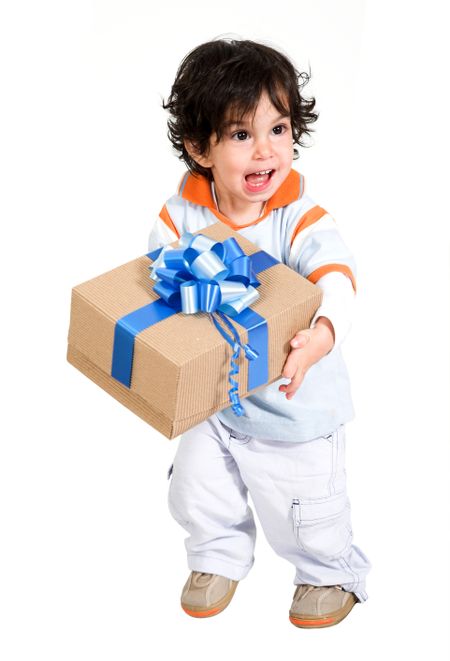 happy boy with a gift over a white background