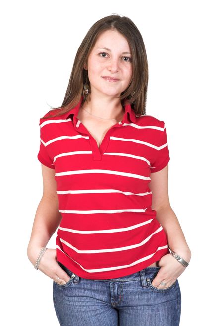 beautiful casual girl in red over white