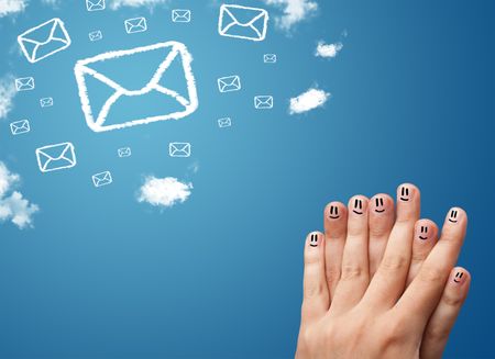 Happy cheerful  fingers looking at mail icons made out of clouds