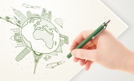 Hand drawing vacation trip around the globe with landmarks and major cities 
