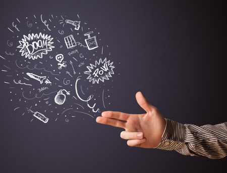 sketched-explosive-weapons-coming-gun-shaped-170799341 Sketched explosive weapons coming out of gun shaped hands