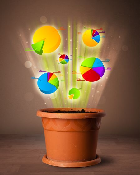 Glowing pie charts coming out from flowerpot