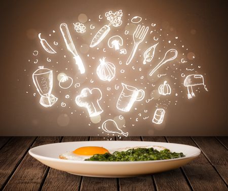 Plate of food with white kitchen icons on brown background