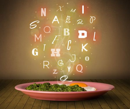 Fresh cook food with colorful letters on wood deck