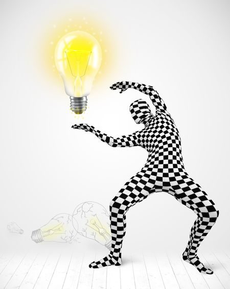Funny man in full body suit with glowing light bulb, new idea concept