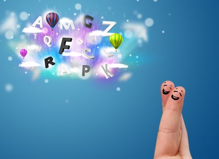 Happy cheerful smiley fingers looking at colorful magical clouds and balloons illustration