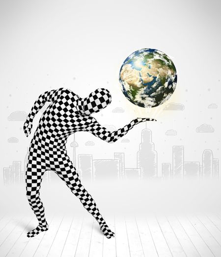 Funny man in full body suit holding planet earth, Elements of this image furnished by NASA