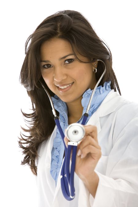 Friendly woman doctor smiling isolated over a white background