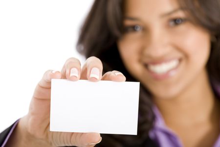 businesswoman showing her business card in an office