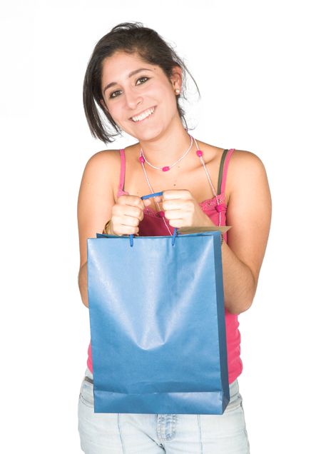 beautiful girl with shopping bags over white