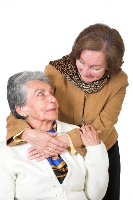 beautiful mother and daughter portrait over white