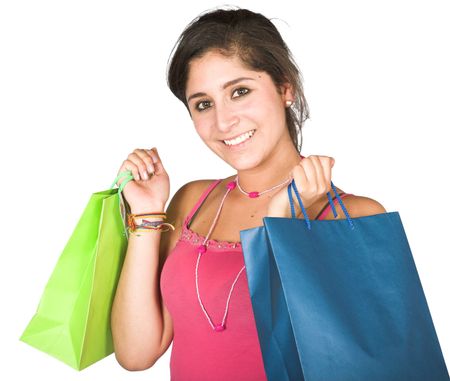 girl with shopping bags over white background