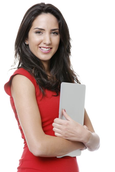Business woman wearing a red dress with a laptop.
