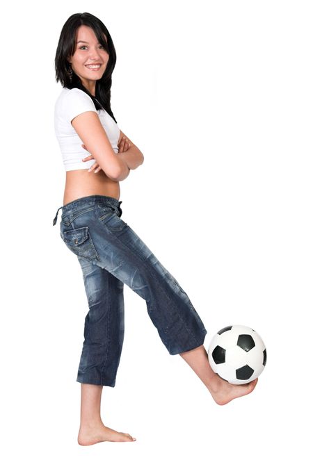 female footballer over white