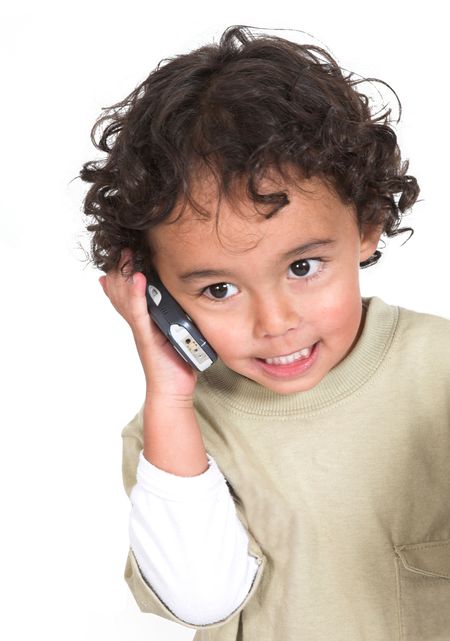 cute kid talking on the phone over white background