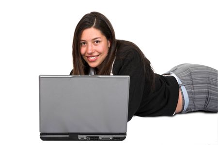 business woman using laptop over white
