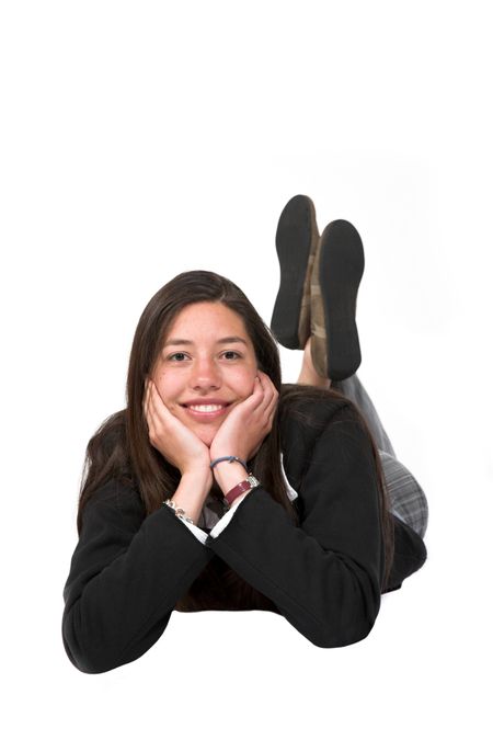 happy business woman on the floor over white background
