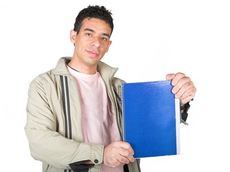 casual student displaying notebook over a pure white background
