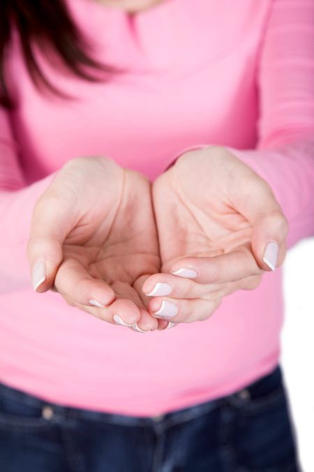 hands of protection of a woman wearing a pink top