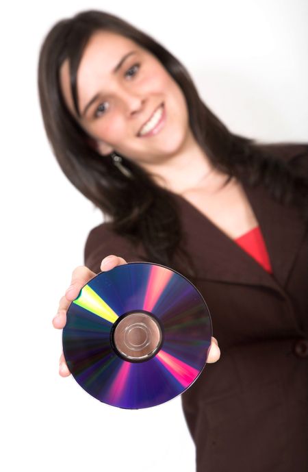 beautiful girl holding a cd rom over white