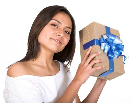 girl with a gift over white