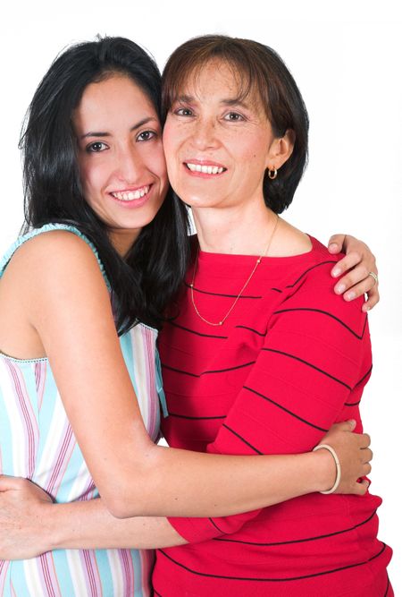 mother and daughter portrait over white