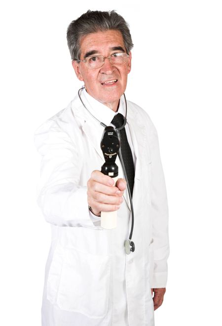 friendly senior male doctor over white
