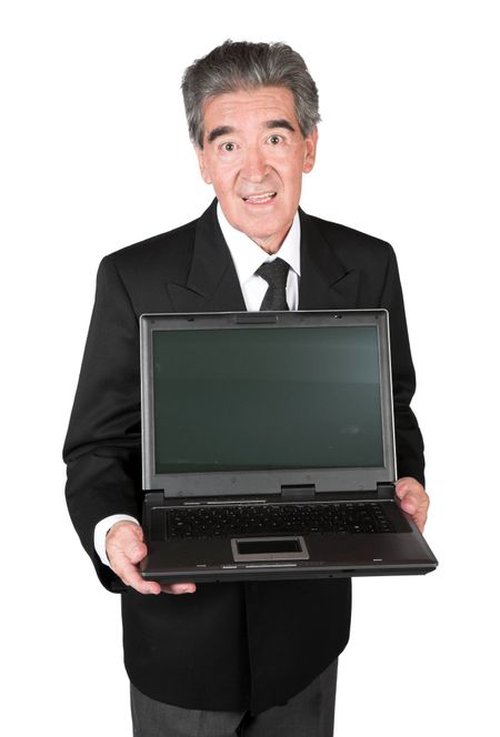 senior businessman with laptop over white
