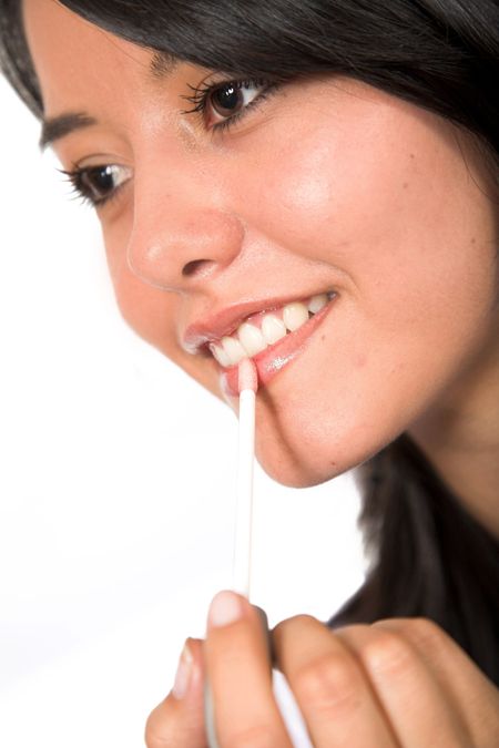 girl-applying-lipstick-white-focus-closer-1799885 girl applying lipstick over white - focus on closer eye