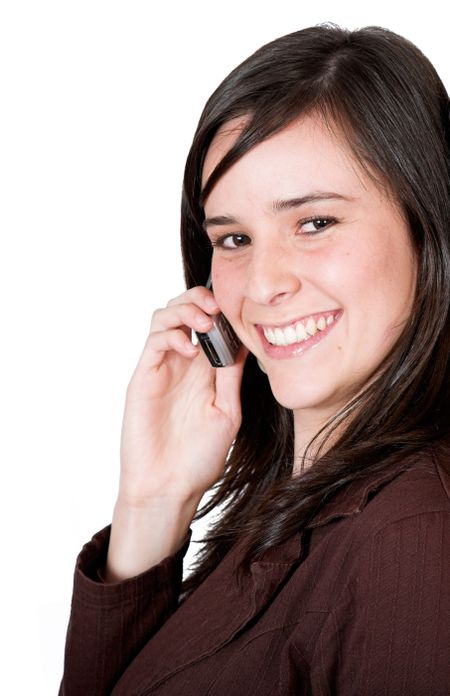 beautiful girl smiling on the phone over white