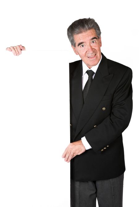 business man holding a white card over white