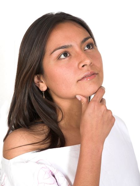 casual pensive girl over white