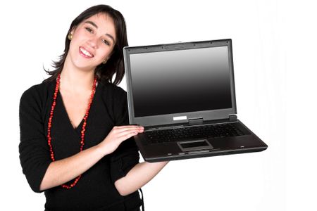 girl displaying a laptop over white