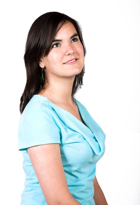 beautiful pensive girl over white