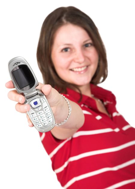 girl in red with mobile phone over white