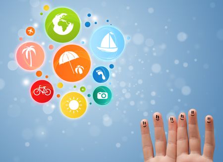 Cheerful happy smiling fingers with colorful holiday travel bubble icons