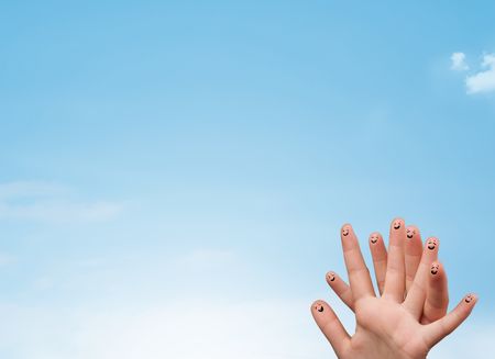 Happy cheerful smiley fingers looking at clear blue sky copyspace