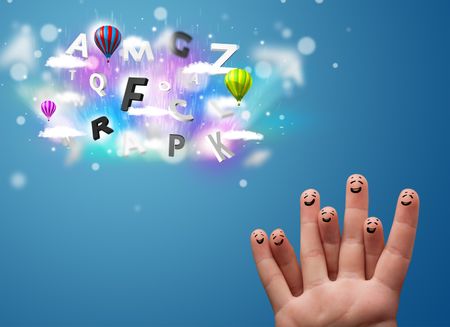 Happy cheerful smiley fingers looking at colorful magical clouds and balloons illustration