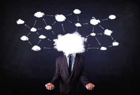 Business man with cloud network head on grungy background