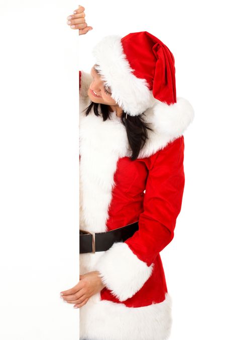 female santa holding a christmas white card