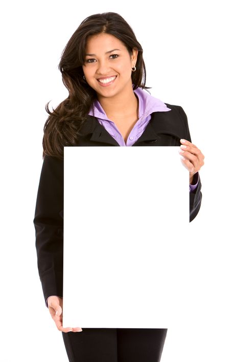 business woman smiling and holding a white board isolated over a white background
