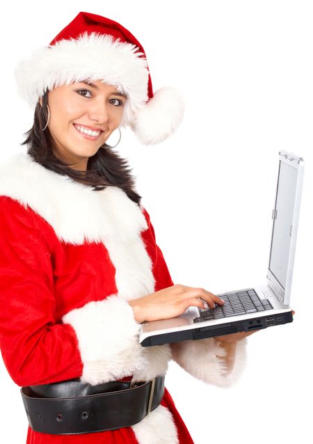 christmas female santa on a laptop computer isolated over a white background