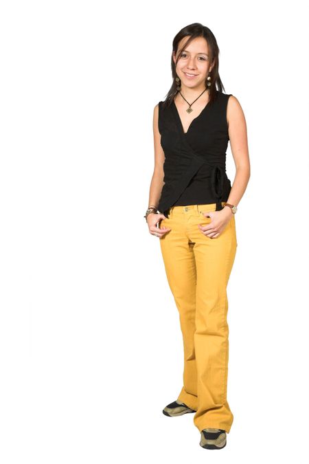 girl in black and yellow over white with clipping path