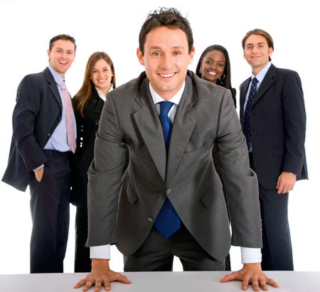 business man smiling leading a team isolated over a white background