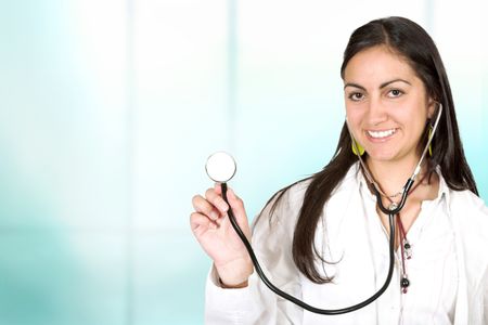 female doctor over an aquamarine background